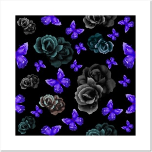 Dark Roses and Purple Butterflies w/ a black background Posters and Art